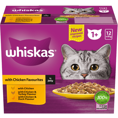 WHISKAS® 1+ Years Adult Wet Cat Food with Chicken Favourites In Jelly 12x85 Pouch