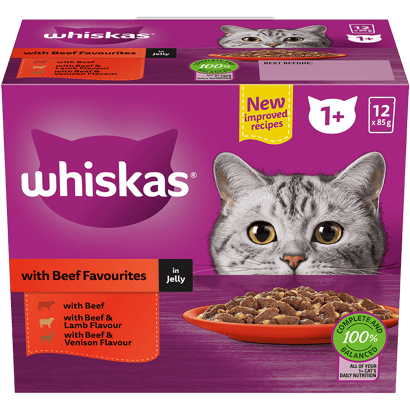 WHISKAS® 1+ Years Adult Wet Cat Food with Beef Favourites In Jelly 12x85g Pouch