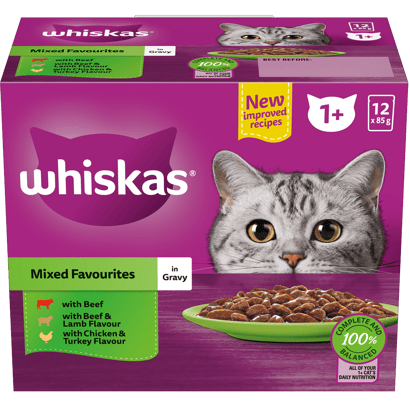 WHISKAS® 1+ Years Adult Wet Cat Food with Mixed Favourites In Gravy 12x85g Pouch