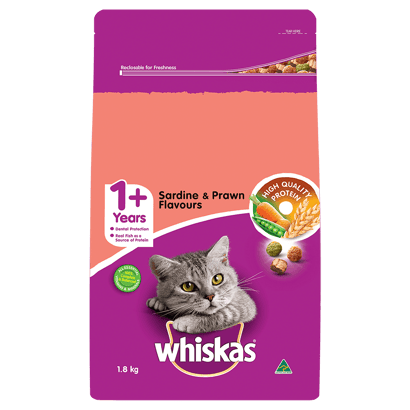 WHISKAS® 1+ Years Adult Dry Cat Food with Sardine & Prawn 1.8kg Bag