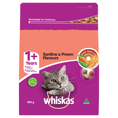 WHISKAS® 1+ Years Adult Furball Dry Cat Food with Sardine & Prawn 800g Bag