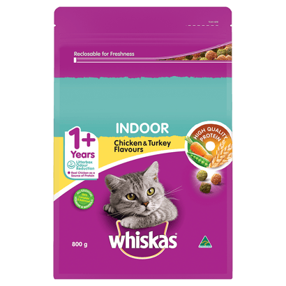 WHISKAS® 1+ Years Adult Indoor Dry Cat Food with Chicken & Turkey 800g Bag